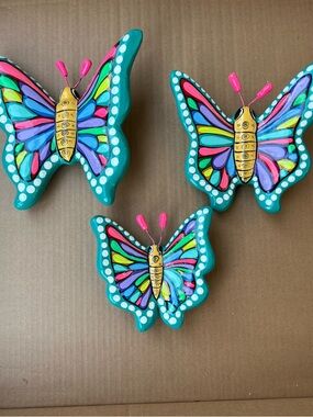 3 Talavera Butterflies Handmade & Painted Ceramic Mexican Pottery Wall Decor